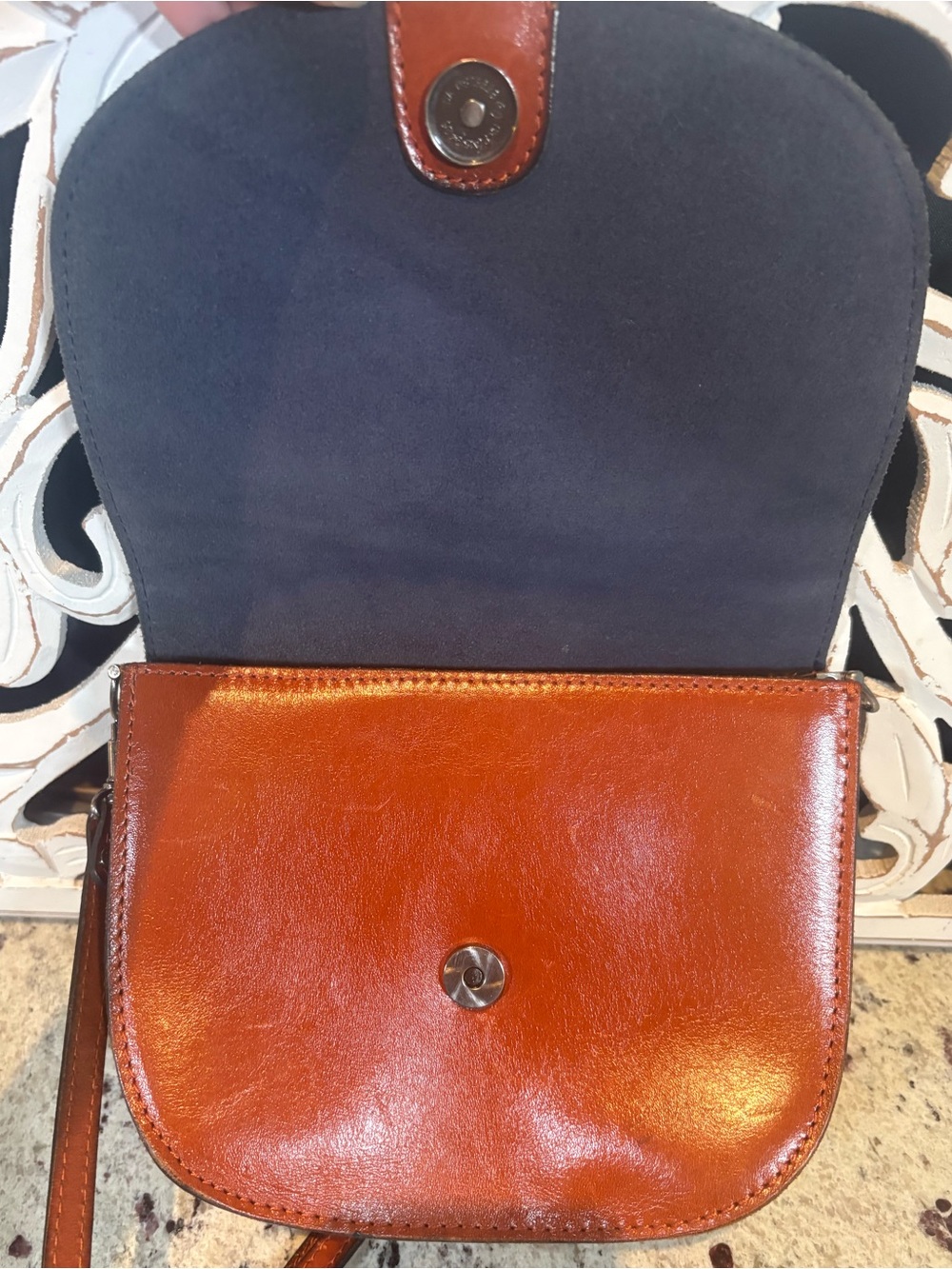 Patricia Nash Bettina Leather Crossbody Saddle Bag in Navy and Brown - Picture 5 of 15